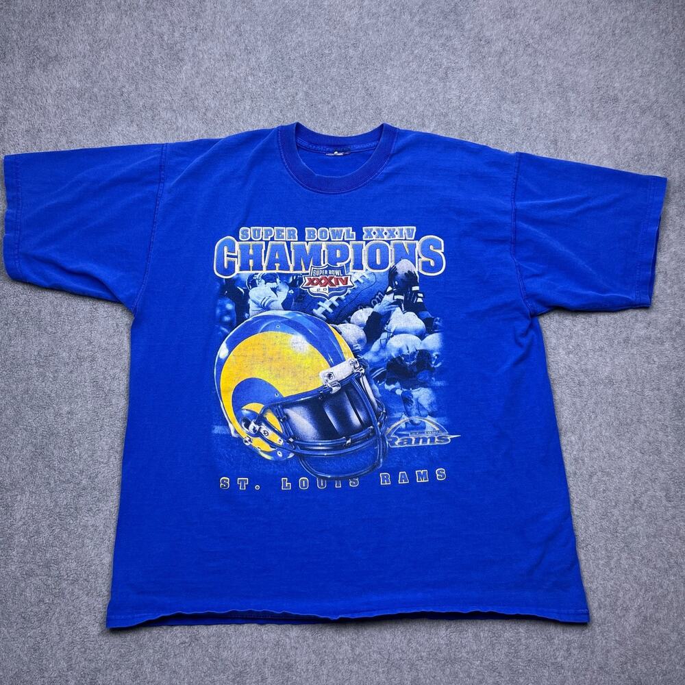 vtg pro player super bowl xxxiv champions st louis rams t-shirt blue xl